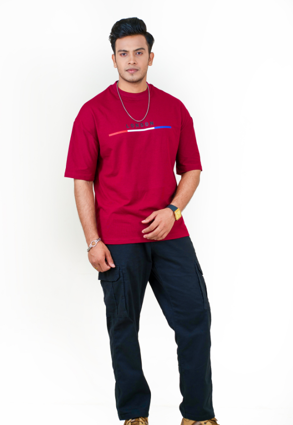 Drop Shoulder Print T-Shirt - London Maroon