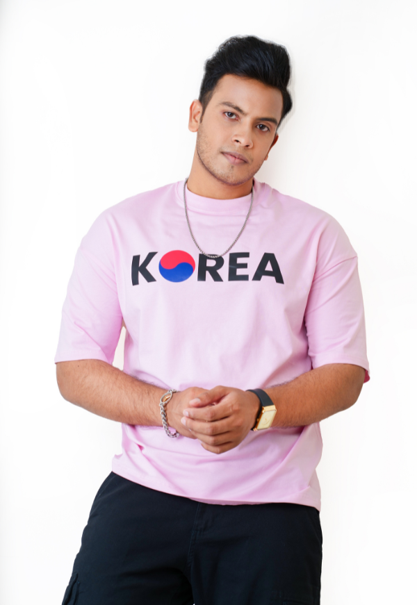 Drop Shoulder Print T-Shirt - Korea Pink